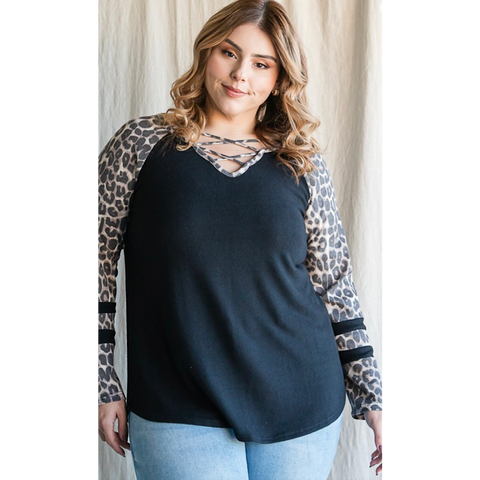 Black with Animal Print V-Neck Criss Cross Plus Size Top