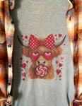 Valentine Highland Cow Graphic T-Shirt & Bleach Dyed Flannel Set