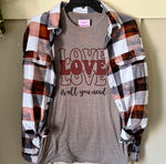 Valentine Love is all you Need Graphic T-Shirt & Bleach Dyed Flannel Set