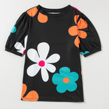 Black Large Floral Pattern Crew Neck Top