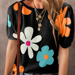 Black Large Floral Pattern Crew Neck Top