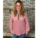 Leopard Accent Pink Textured Sweater Knit Long Sleeve Top