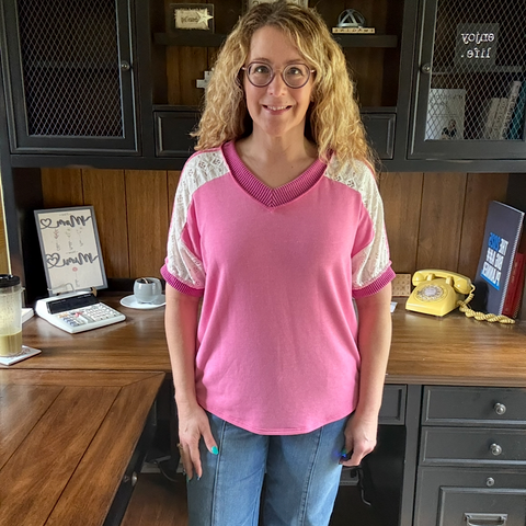 Pink V-Neck Eyelet Lace & Striped Accent Short Sleeve Knit Top