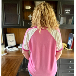 Pink V-Neck Eyelet Lace & Striped Accent Short Sleeve Knit Top