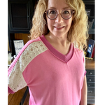 Pink V-Neck Eyelet Lace & Striped Accent Short Sleeve Knit Top
