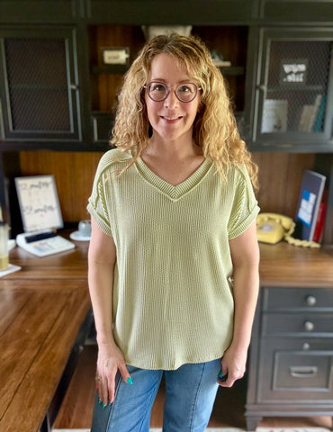 Celery Green Twist Ribbed Knit V-Neck Short Sleeve Top