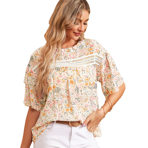 Ivory Multi Color Floral Pattern Lace Accent Blouse Top