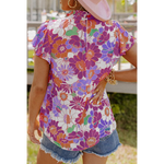 Purple and Rust Floral High Gathered Ruffle Neck Ruffle Sleeves Blouse Top