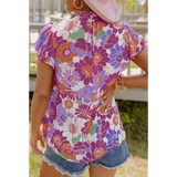 Purple and Rust Floral Mock Neck Blouse Top