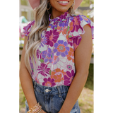 Purple and Rust Floral High Gathered Ruffle Neck Ruffle Sleeves Blouse Top