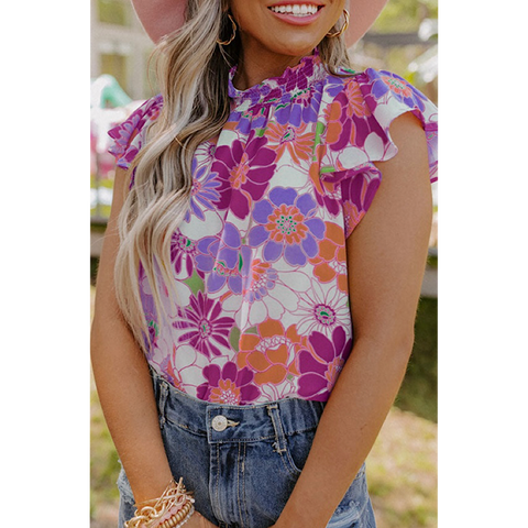 Purple and Rust Floral Mock Neck Blouse Top