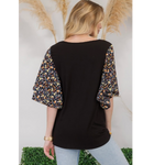 Black with Floral Flyaway Sleeves Top