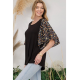 Black with Floral Flyaway Sleeves Top