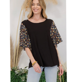 Black with Floral Flyaway Sleeves Top