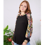 Black and Contrast Floral Raglan Style Plus Size Top