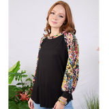 Black and Contrast Floral Raglan Style Plus Size Top