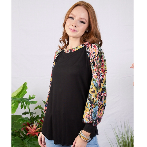 Black and Contrast Floral Raglan Style Plus Size Top