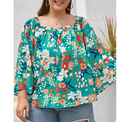 Turquoise Multicolor Floral Plus Size Blouse