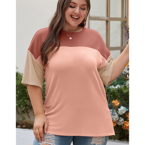 Rose Pink Ribbed Knit Colorblock Top