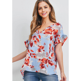 Blue Floral V-Neck Ruffle Sleeve Blouse Top