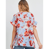 Blue Floral V-Neck Ruffle Sleeve Blouse Top