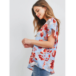 Blue Floral V-Neck Ruffle Sleeve Blouse Top