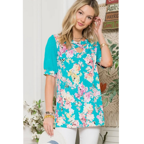 Turquoise Floral Print Short Sleeve Plus Size Top