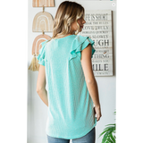 Turquoise Ruffles Sleeves Ribbed Knit Top
