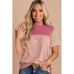 PInk Ribbed Knit Color Block Pattern Top