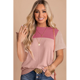 PInk Ribbed Knit Color Block Pattern Top