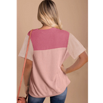 PInk Ribbed Knit Color Block Pattern Top