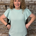 Sage Green Textured Knit Flutter Short Sleeve Top