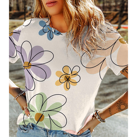 White Large Floral Pattern Crew Neck Top