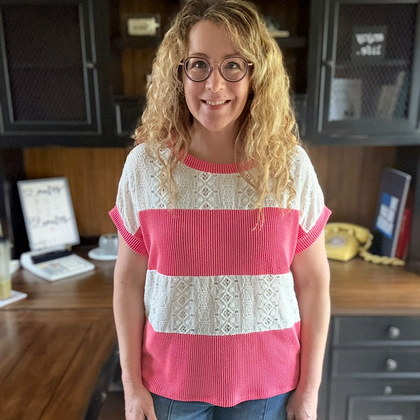 Coral Pink Ribbed Knit Eyelet Lace Color Block Top