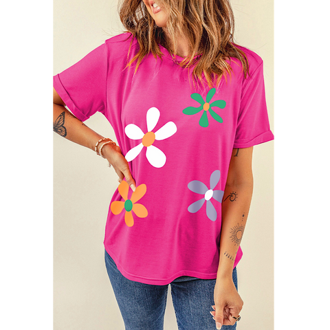 Pink Large Floral Pattern Crew Neck Top