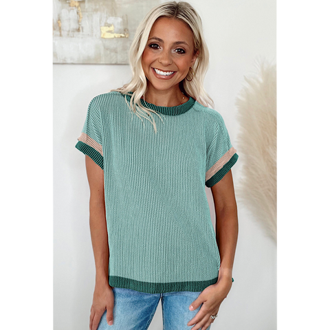 Green Ribbed Knit Crew Neck Ribbed Knit Top