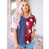 Stars and Stripes Spliced Pattern Waffle Knit Accents Top