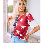 Stars and Stripes Spliced Pattern Waffle Knit Accents Top