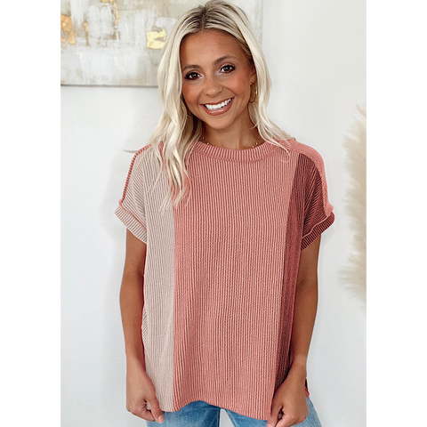 Apricot Pink Ribbed Knit Vertical Color Block Crew Neck Top