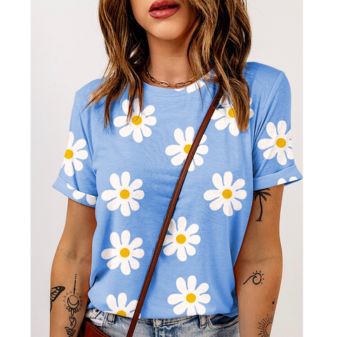 Blue White Daisy Crew Neck Knit Top