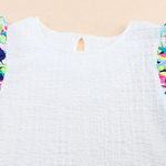 White Textured Knit Bold Colorful Puff Sleeves