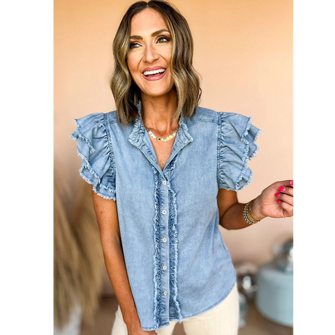 Denim Frayed Ruffle Button Down Front & Flutter Sleeves Top