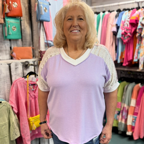 Lavender Lace & Floral Accent Sleeve Plus Size Top