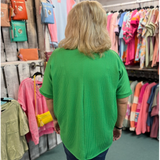 Bright Green Ribbed Knit Collared Short Sleeve Plus Size Top