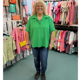Bright Green Ribbed Knit Collared Short Sleeve Plus Size Top