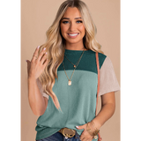 Teal Green & Beige Color Block Ribbed Knit Top