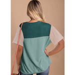 Teal Green & Beige Color Block Ribbed Knit Top