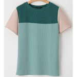 Teal Green & Beige Color Block Ribbed Knit Top