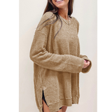 Khaki Waffle Knit High Low Hem Long Sleeve Top