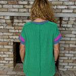 Kelly Green Ribbed Knit Colorblock Sleeve Short Sleeve Top